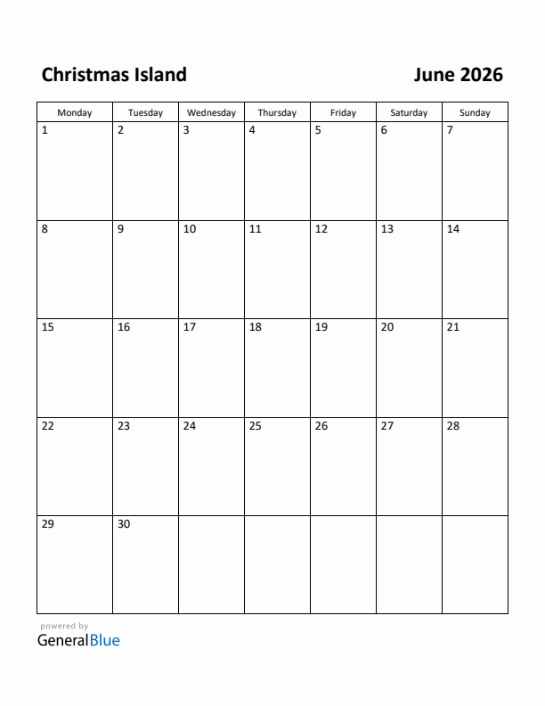 June 2026 Calendar with Christmas Island Holidays