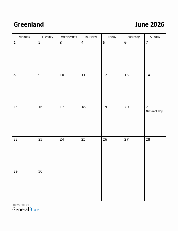 June 2026 Calendar with Greenland Holidays