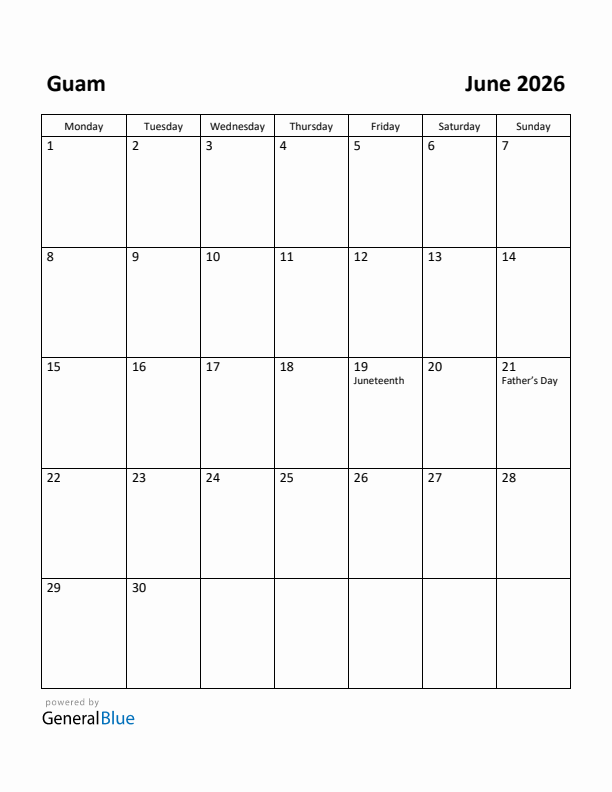 June 2026 Calendar with Guam Holidays