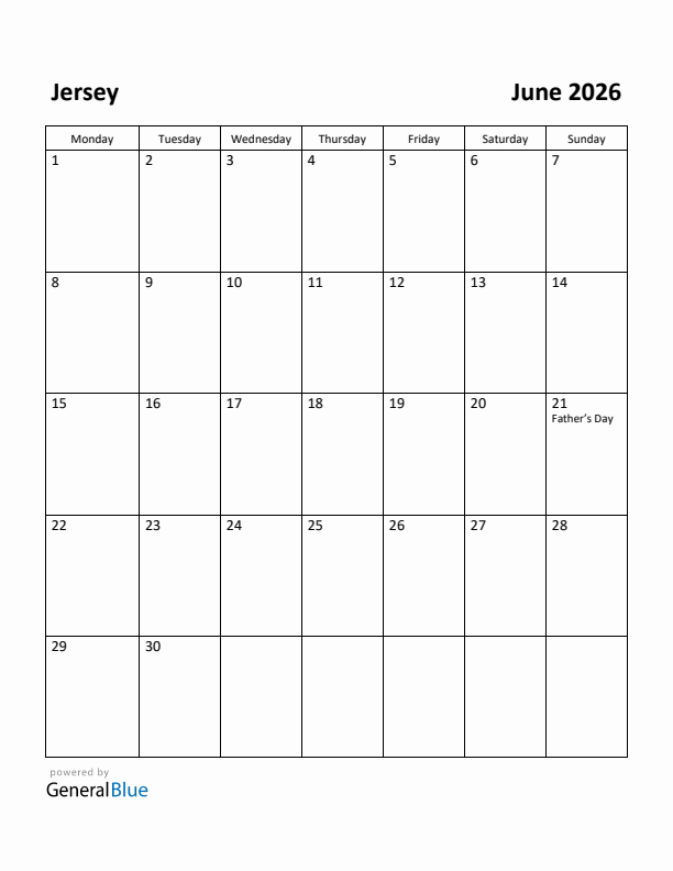 June 2026 Calendar with Jersey Holidays