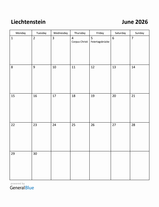 June 2026 Calendar with Liechtenstein Holidays