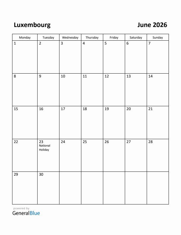 June 2026 Calendar with Luxembourg Holidays