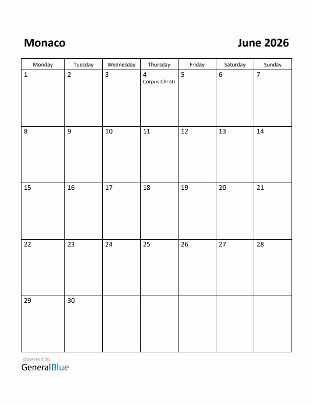 June 2026 Calendar with Monaco Holidays