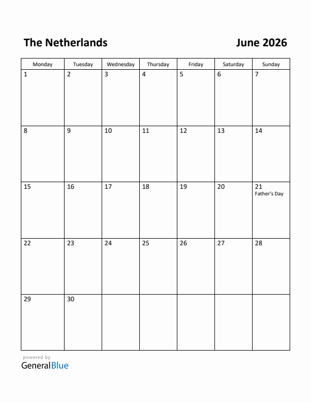 June 2026 Calendar with The Netherlands Holidays