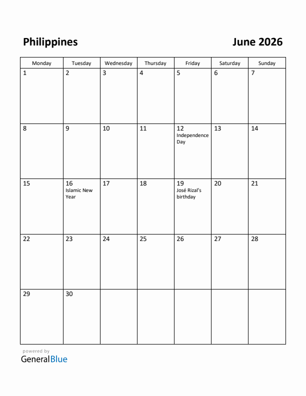 June 2026 Calendar with Philippines Holidays