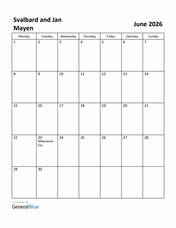 June 2026 Calendar with Svalbard and Jan Mayen Holidays