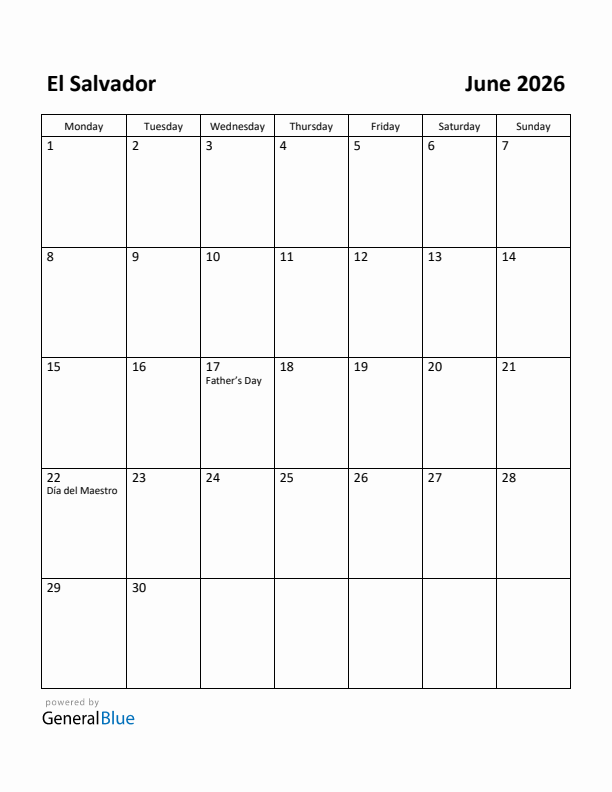 June 2026 Calendar with El Salvador Holidays