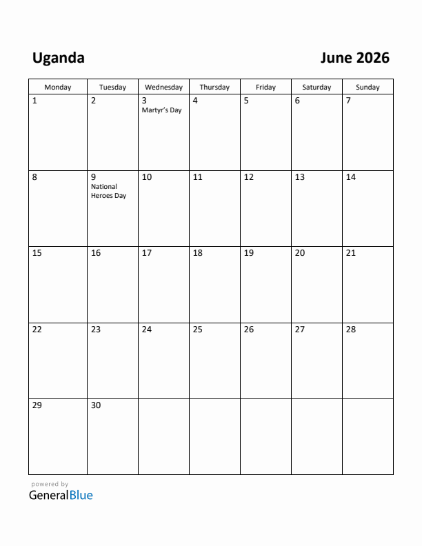 June 2026 Calendar with Uganda Holidays