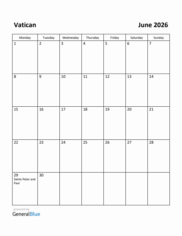 June 2026 Calendar with Vatican Holidays