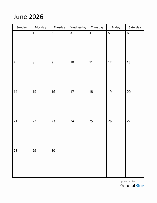 Sunday Start Calendar for June 2026