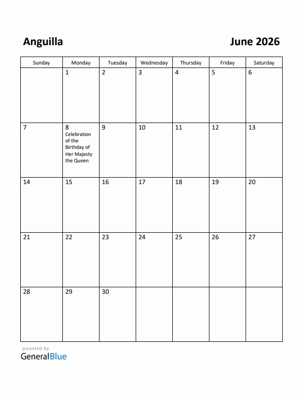 June 2026 Calendar with Anguilla Holidays