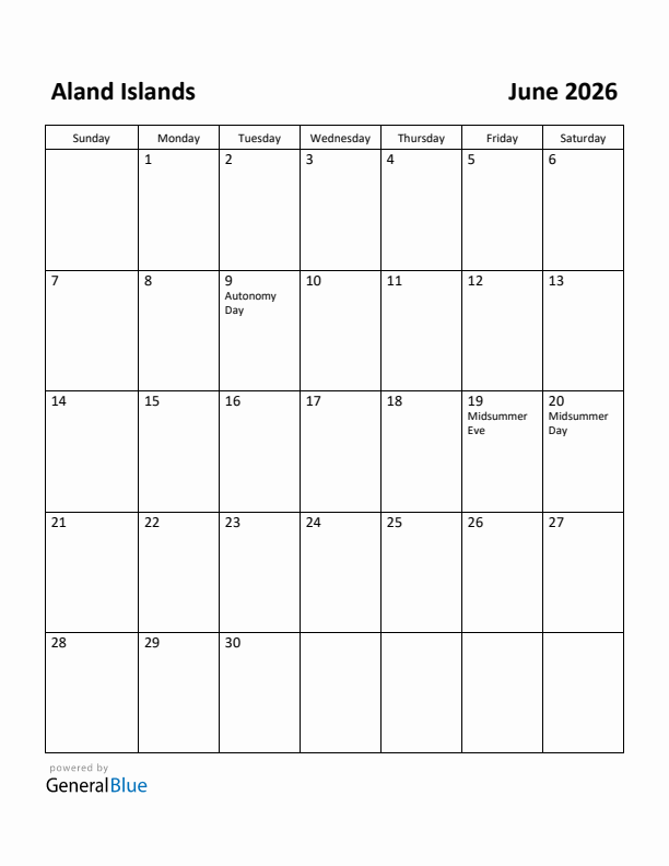 June 2026 Calendar with Aland Islands Holidays