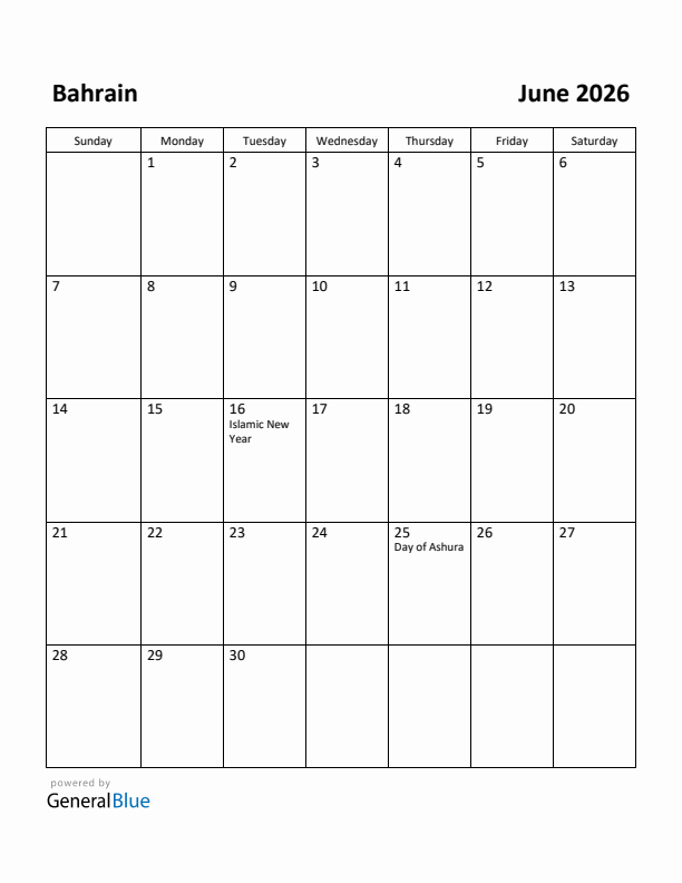 June 2026 Calendar with Bahrain Holidays