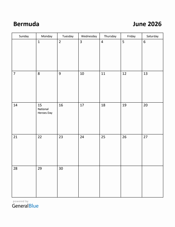 June 2026 Calendar with Bermuda Holidays