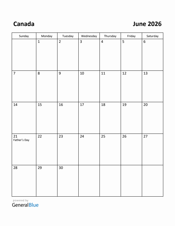 June 2026 Calendar with Canada Holidays