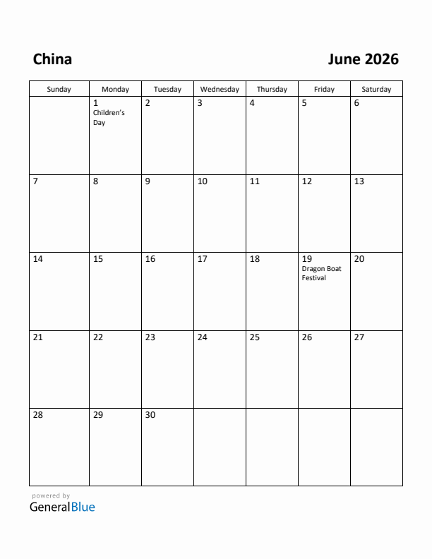 June 2026 Calendar with China Holidays
