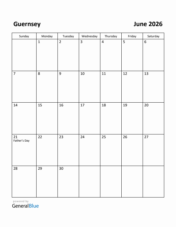 June 2026 Calendar with Guernsey Holidays