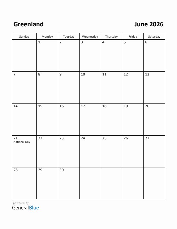 June 2026 Calendar with Greenland Holidays