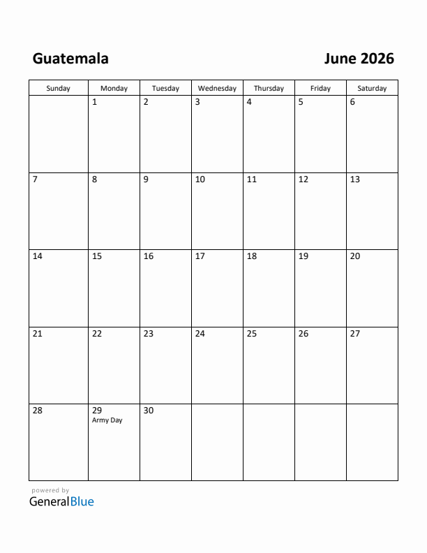 June 2026 Calendar with Guatemala Holidays