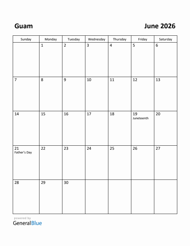 June 2026 Calendar with Guam Holidays