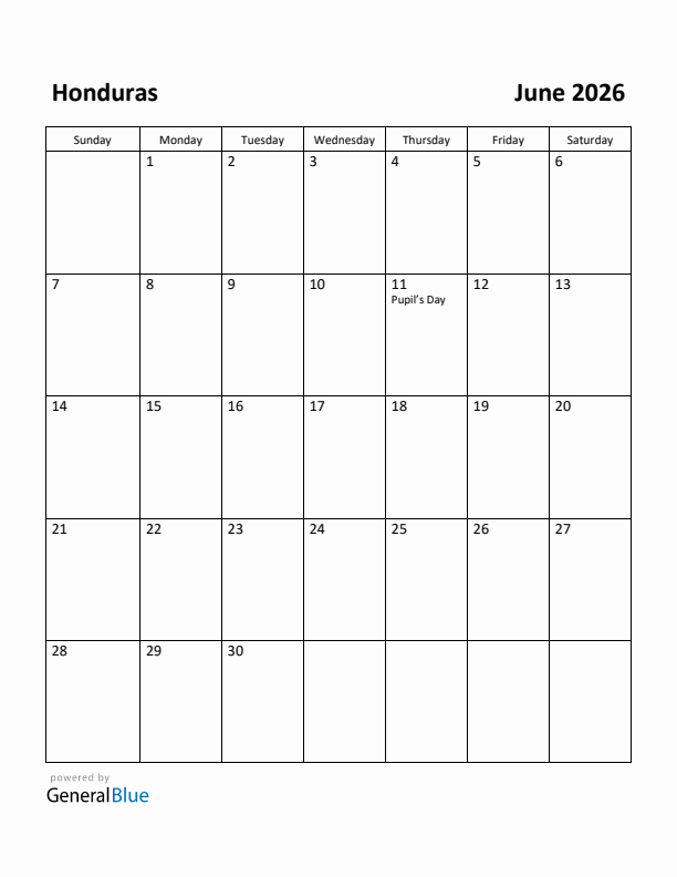 June 2026 Calendar with Honduras Holidays