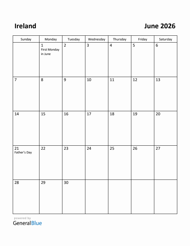 June 2026 Calendar with Ireland Holidays