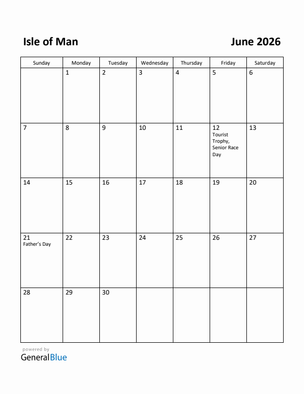 June 2026 Calendar with Isle of Man Holidays