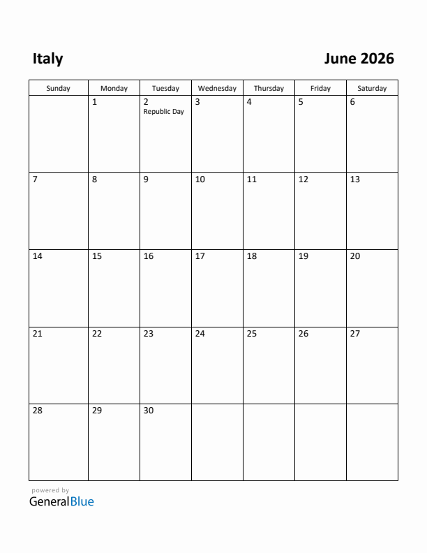 June 2026 Calendar with Italy Holidays