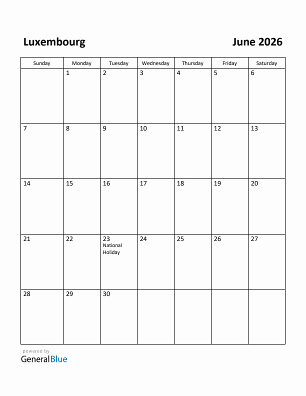 June 2026 Calendar with Luxembourg Holidays