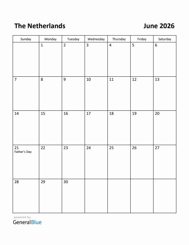 June 2026 Calendar with The Netherlands Holidays