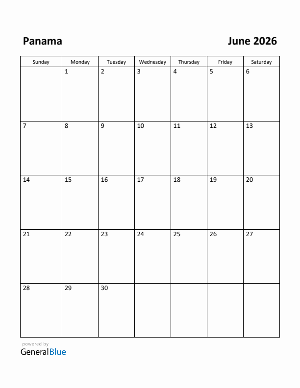 June 2026 Calendar with Panama Holidays