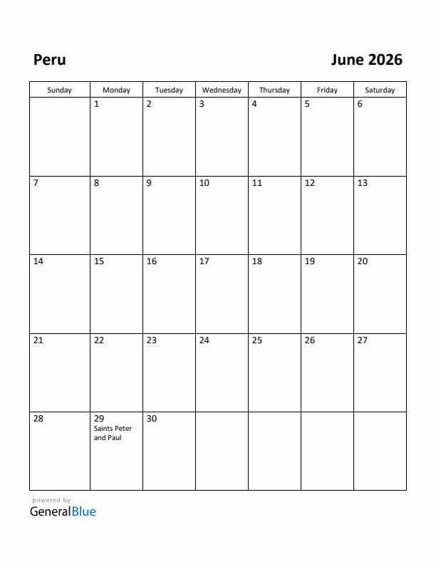 June 2026 Calendar with Peru Holidays