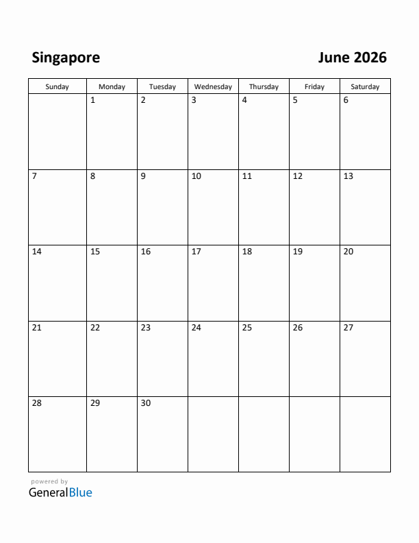 June 2026 Calendar with Singapore Holidays