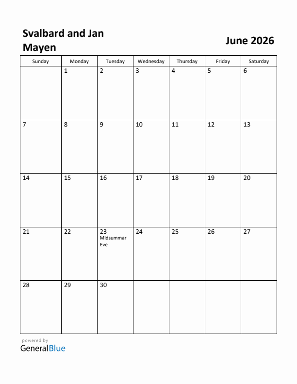 June 2026 Calendar with Svalbard and Jan Mayen Holidays