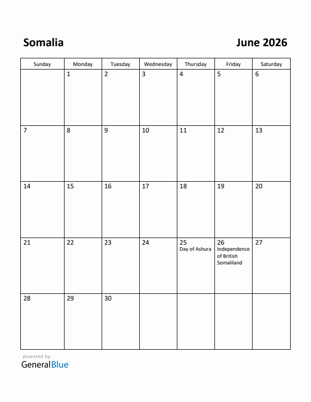 June 2026 Calendar with Somalia Holidays