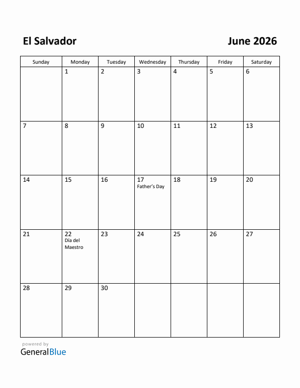 June 2026 Calendar with El Salvador Holidays