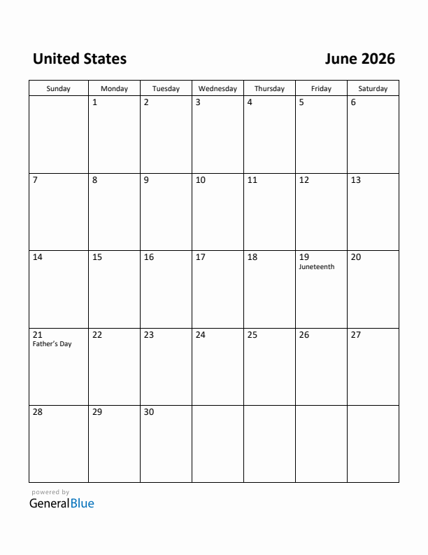 June 2026 Calendar with United States Holidays