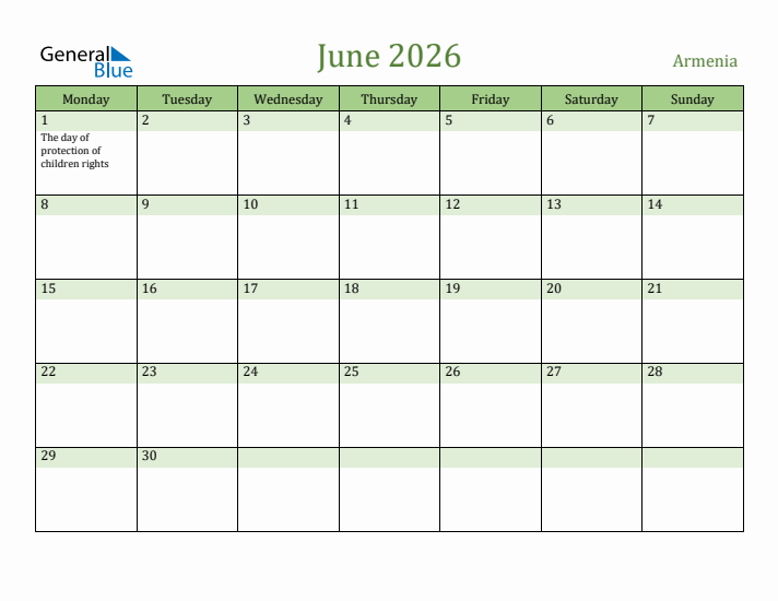 June 2026 Calendar with Armenia Holidays