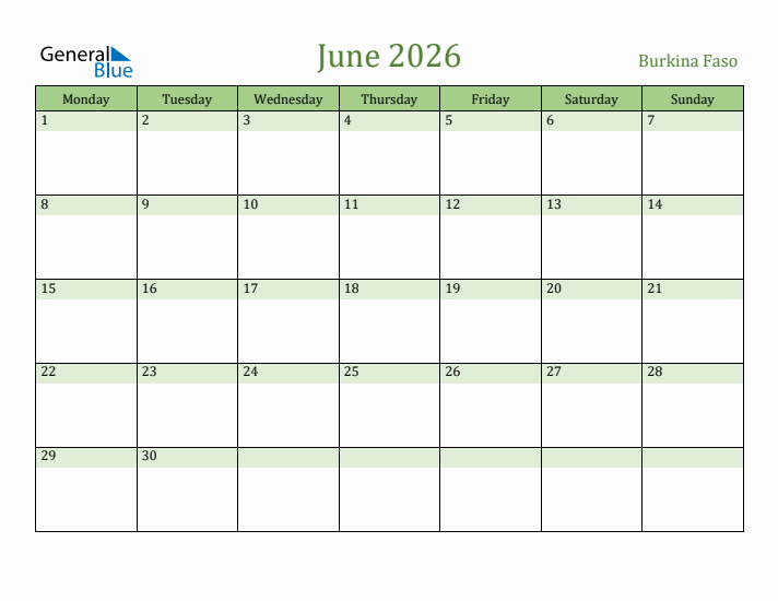 June 2026 Calendar with Burkina Faso Holidays