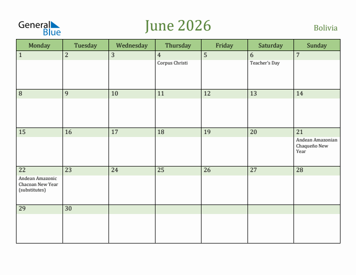 June 2026 Calendar with Bolivia Holidays