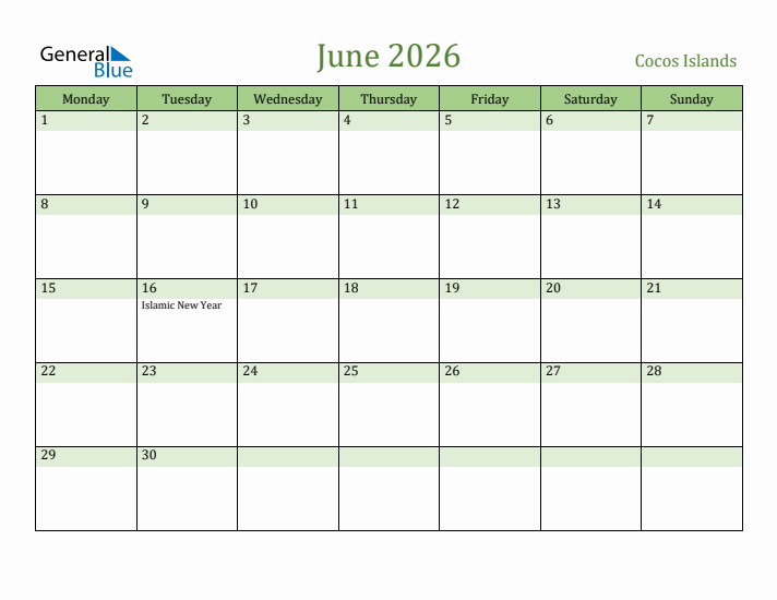 June 2026 Calendar with Cocos Islands Holidays