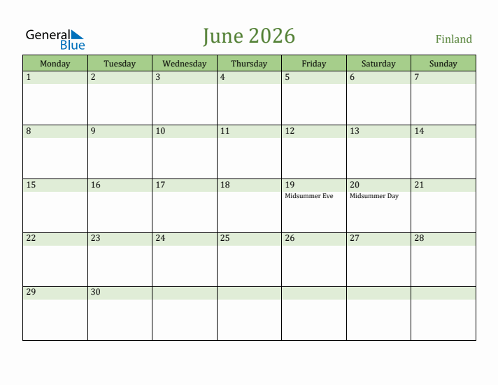 June 2026 Calendar with Finland Holidays