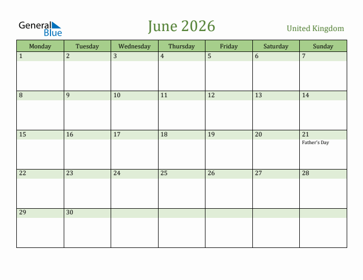 June 2026 Calendar with United Kingdom Holidays