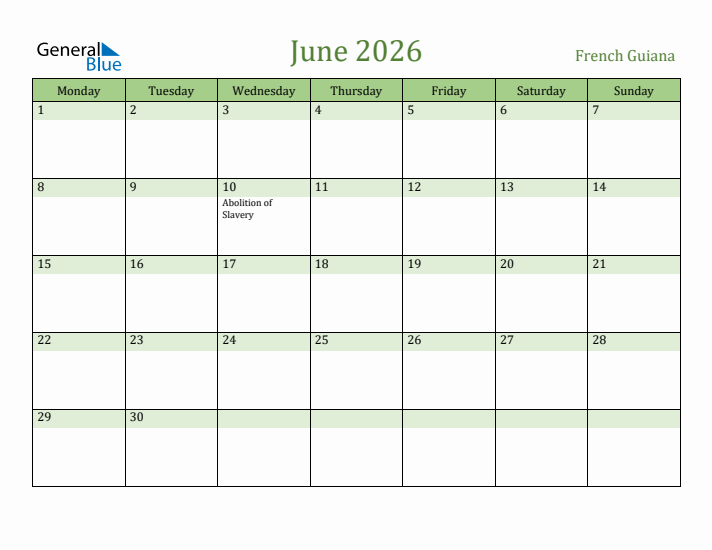 June 2026 Calendar with French Guiana Holidays