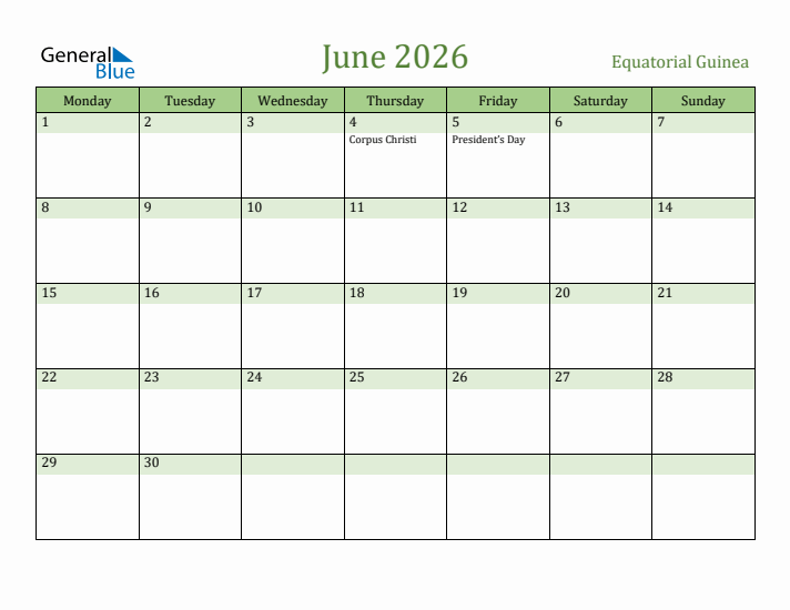 June 2026 Calendar with Equatorial Guinea Holidays