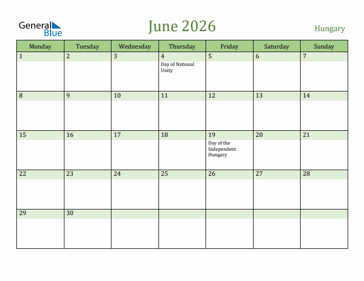 June 2026 Calendar with Hungary Holidays