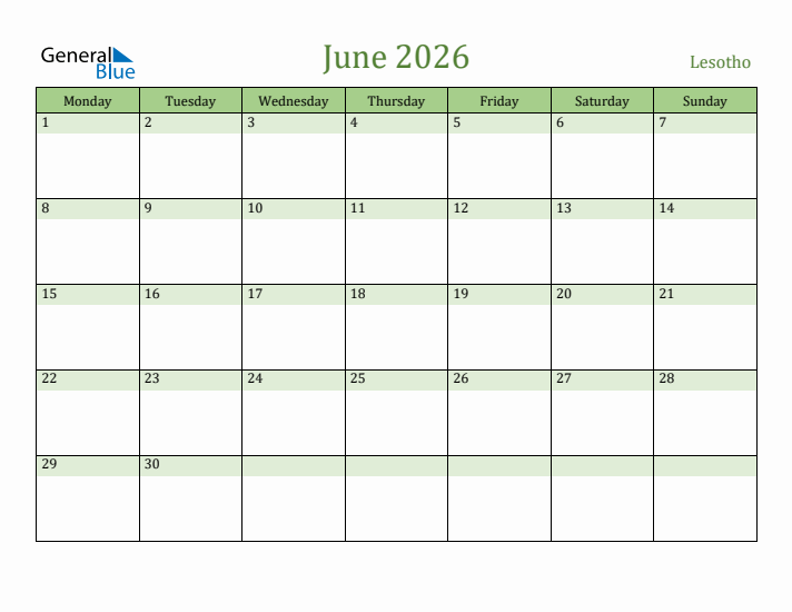 June 2026 Calendar with Lesotho Holidays