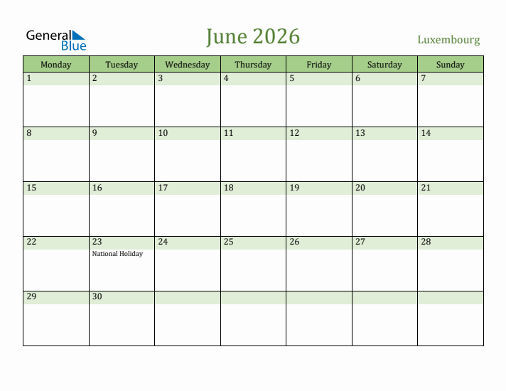 June 2026 Calendar with Luxembourg Holidays