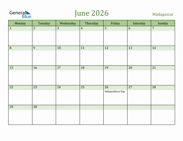 June 2026 Calendar with Madagascar Holidays