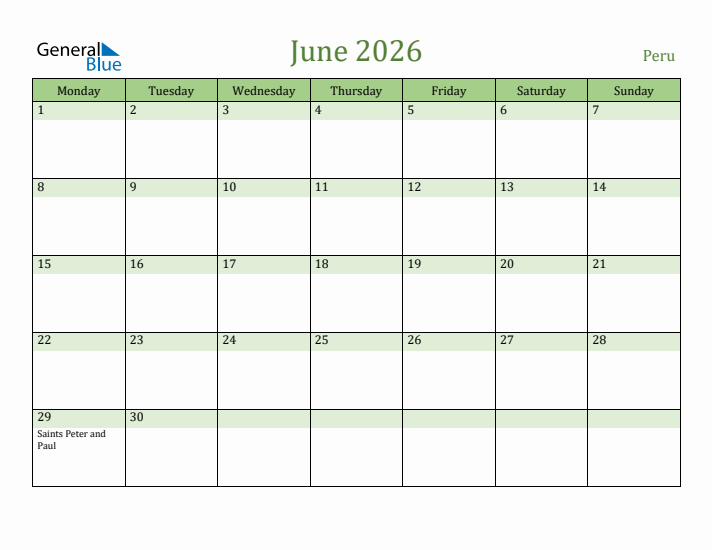 June 2026 Calendar with Peru Holidays